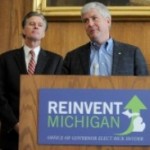 Governor-elect Rick Snyder, center, announces the appointment of House Speaker Andy Dillon, left, as treasurer and former Lt. Governor Dick Posthumus as senior adviser to the Governor at University of Michigan's Gerald R. Ford School of Public Policy in Ann Arbor on Nov. 8, 2010.  Angela J. Cesere | AnnArbor.com