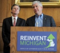 Governor-elect Rick Snyder, center, announces the appointment of House Speaker Andy Dillon, left, as treasurer and former Lt. Governor Dick Posthumus as senior adviser to the Governor at University of Michigan's Gerald R. Ford School of Public Policy in Ann Arbor on Nov. 8, 2010.  Angela J. Cesere | AnnArbor.com